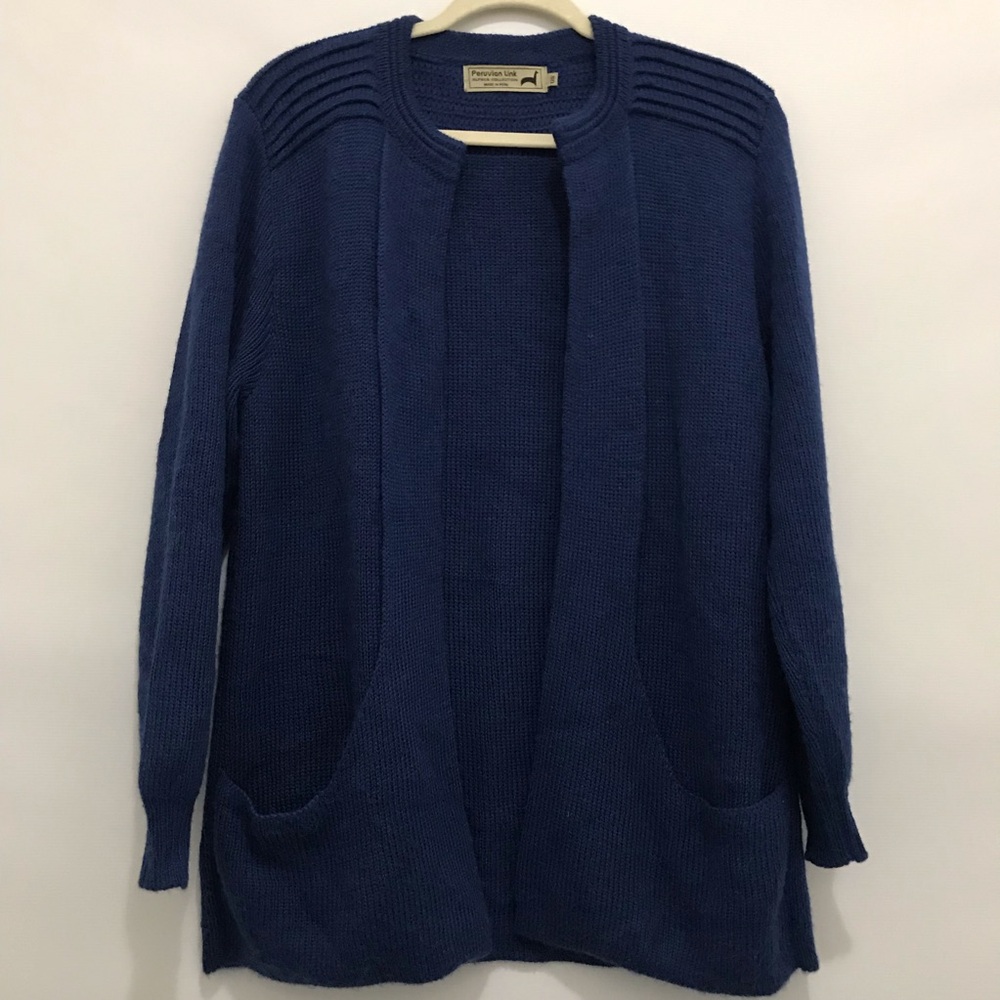 Peruvian Link Alpaca Navy Open-Front Pocket Cardigan Sweater Size OS